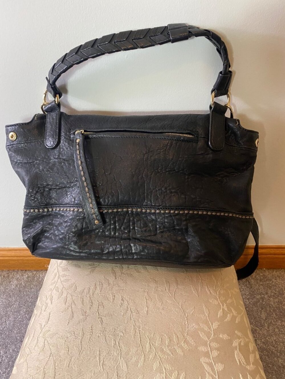 Plinio Visona Black Leather Shoulder Bag Braided Handle & Gold Hardware - Picture 2 of 11